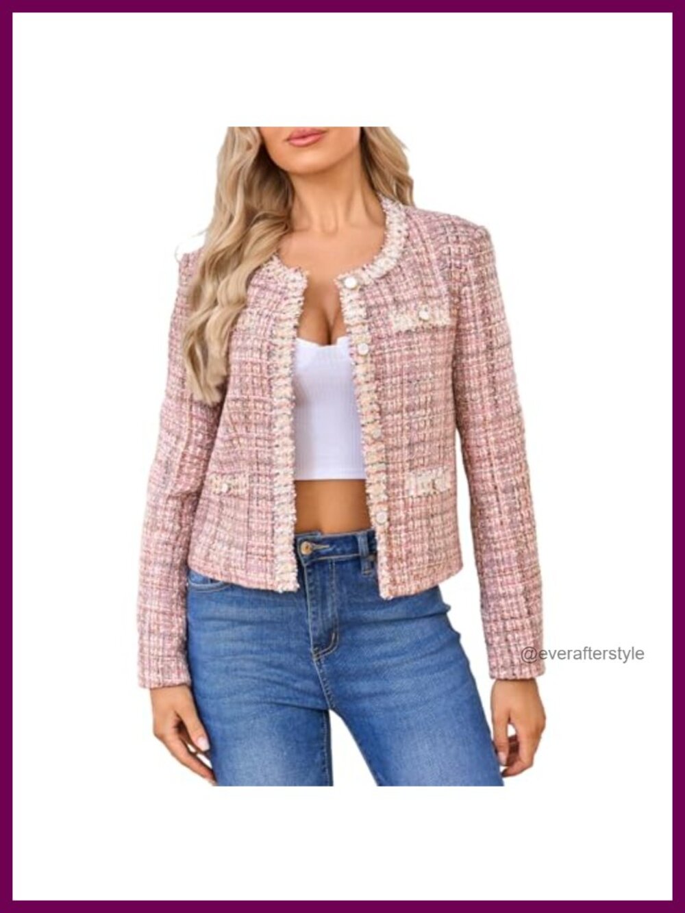 Women's Cropped Tweed Blazer Lace Trim Open Front Business Jacket